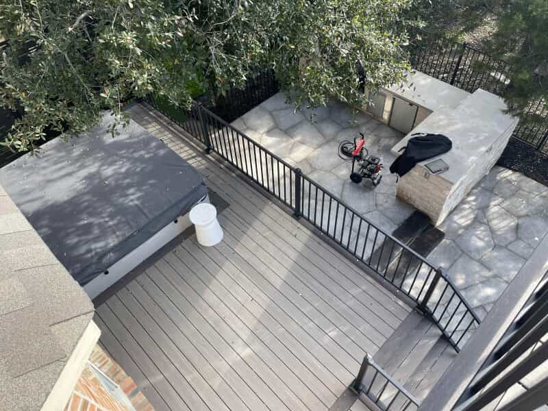 Aerial View over Hot Tub Deck and Kitchen